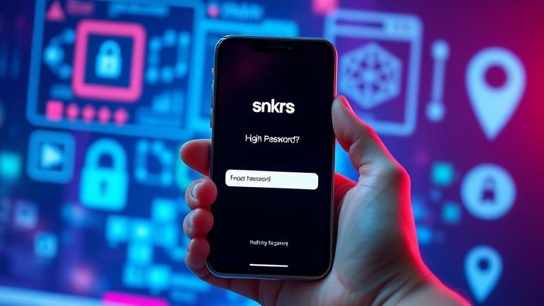 alt_text: Smartphone with Snkrs login, "Forgot Password?" link, user holding device, icons hinting reset.