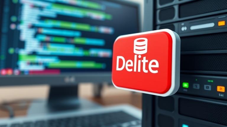 alt_text: Computer with code, 'Delete' button pressed, symbolizing data or database removal.
