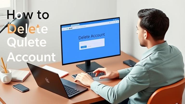 alt_text: Person at desk with laptop, "Delete Account" on screen, surrounded by notebook, coffee, phone.