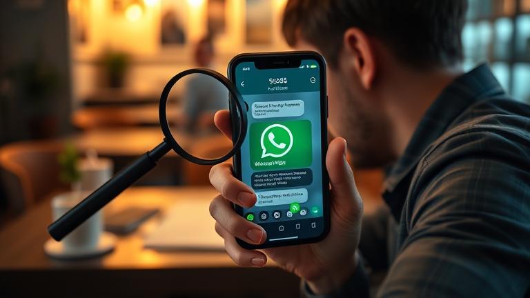 alt_text: Smartphone with WhatsApp chat, peeker nearby, alert icons showing privacy concerns.