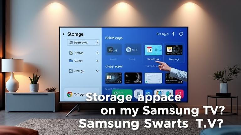 Smart TV storage management: user clears space on Samsung TV in a sleek living room.