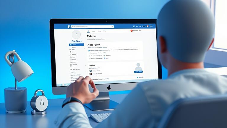 alt_text: Person confidently deleting Facebook on a device, with privacy icons and blue tones.