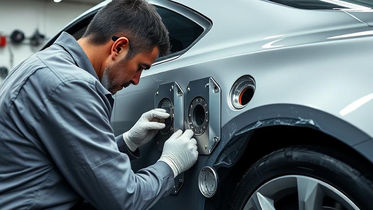 alt_text: Skilled auto tech repairs bullet holes on a modern car in a detailed body shop scene.