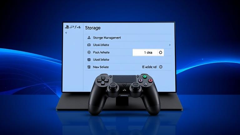 alt_text: PS4 console with storage menu, controller, and icons for data management on a modern background.