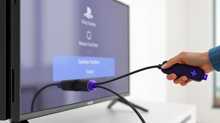 alt_text: Hand connects PS4 to Roku TV via HDMI, with labels and a clean, modern background.