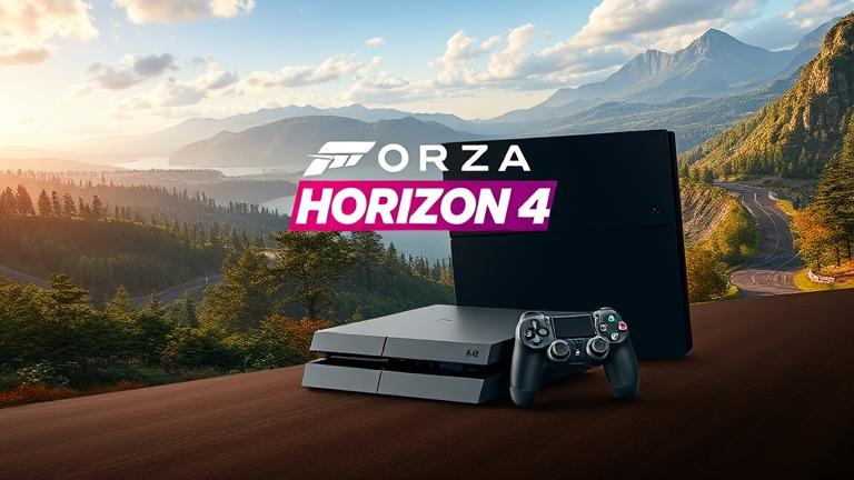 alt_text: Forza Horizon 4 PS4 cover with logo, console, controller, lively landscapes, and price tag.