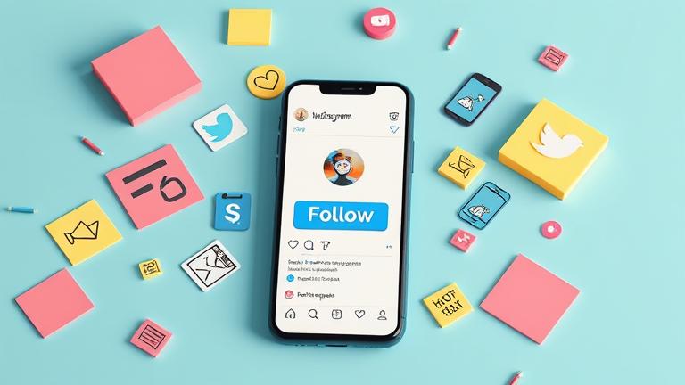 alt_text: Smartphone with Instagram follow button, surrounded by icons, showing engagement and connection.