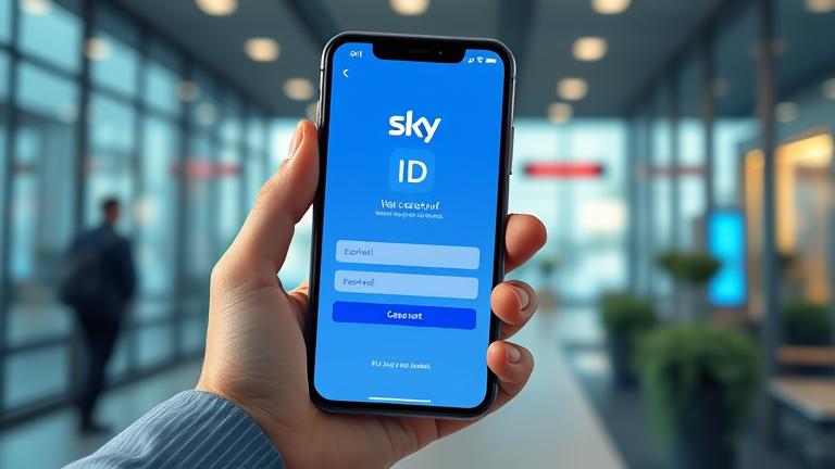 alt_text: Person holds smartphone with Sky ID screen; urban background emphasizes digital connectivity.