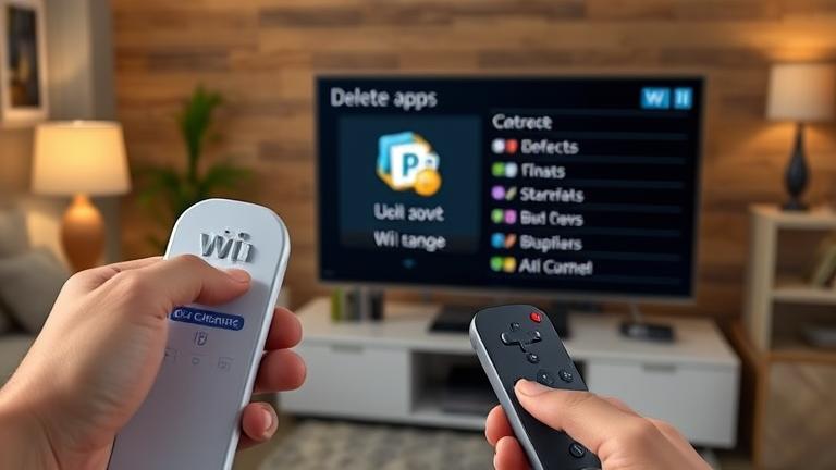 alt_text: Person holds Wii remote in cozy room, managing or deleting apps on the Wii console.