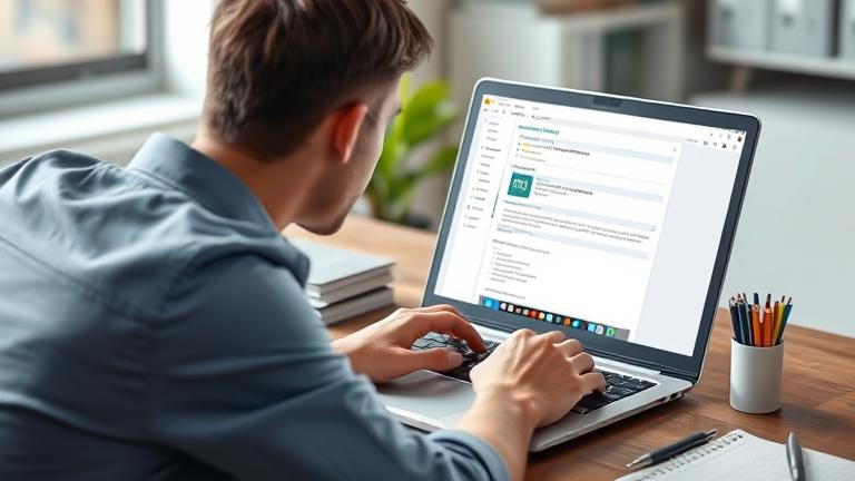 alt_text: Person editing their UPS application on a computer in a professional, focused workspace.