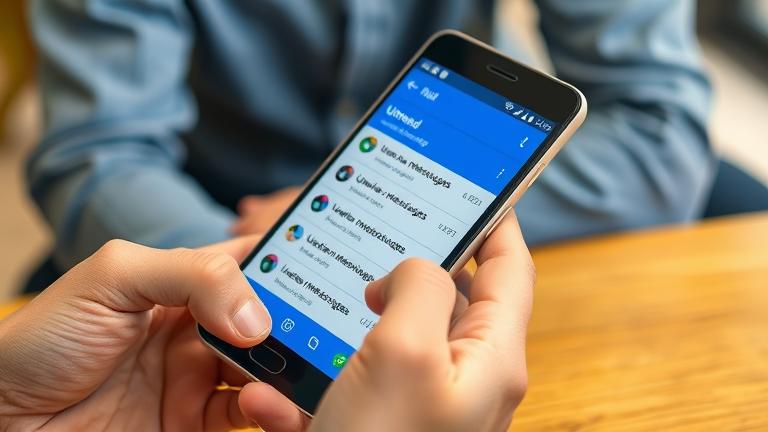 alt_text: Person holding Android phone with unread messages highlighted on screen in a casual setting.