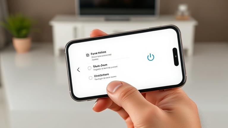 alt_text: Person pressing iPhone side button to force shut down in a modern, well-lit setting.