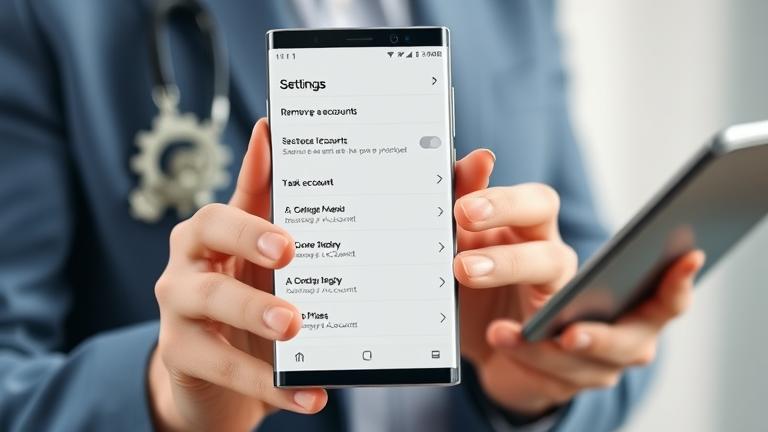 Alt_text: Person holding Samsung Note 9 with settings menu on screen, focused on account management.