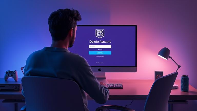 alt_text: Person at desk looks concerned over Epic Games login, with a cursor near "Delete Account" button.