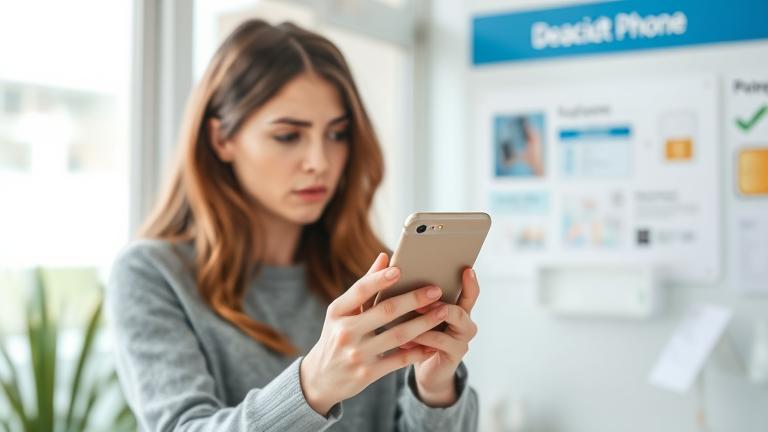 alt_text: Person holding a smartphone with "Deactivate" prompt, SIM card and bills in background.