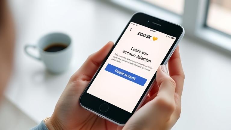 alt_text: Smartphone screen showing Zoosk account deletion, held by a user in a modern, clear setting.