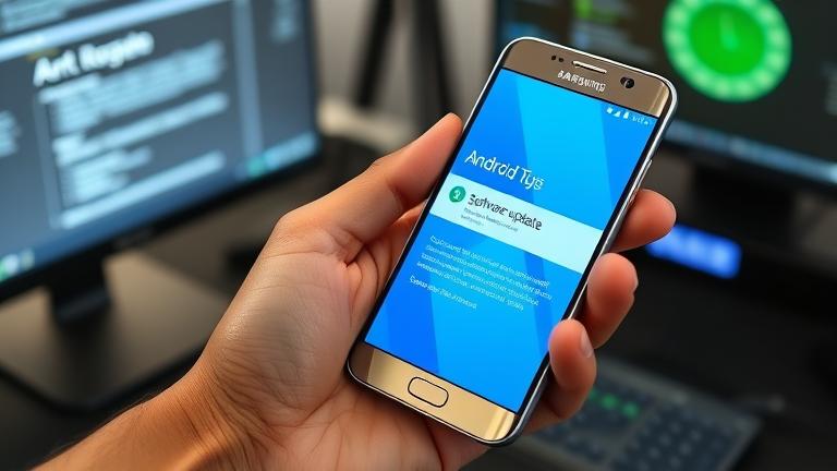 alt_text: Person holding Samsung Galaxy S5 updating Android, showing the update screen.