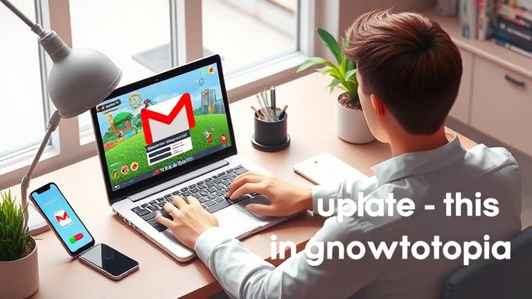 alt_text: Person at desk with laptop & phone, updating Gmail while playing Growtopia.