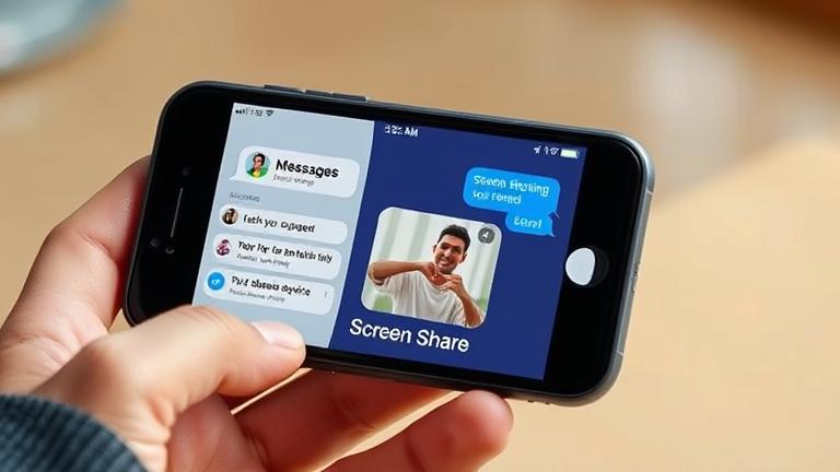 alt_text: iPhone showing Messages with screen sharing, hand holding, clear bubbles, modern design.