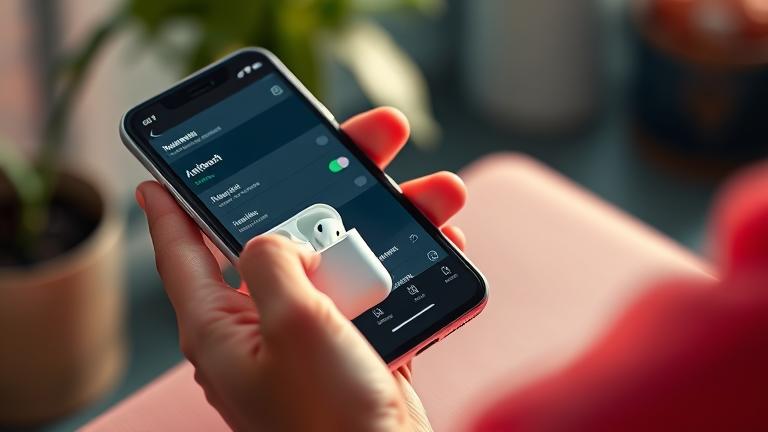 alt_text: Person holds Android phone with Bluetooth settings visible, AirPods nearby, vibrant tech scene.