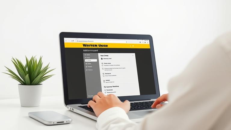 alt_text: Person managing Western Union account on device in a clean workspace, focusing on online account management.