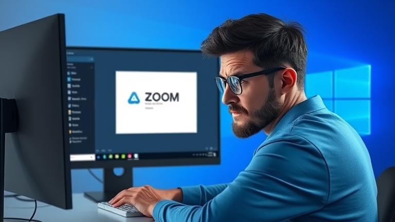 alt_text: Frustrated user faces Zoom crash on Windows 10 desktop, highlighting troubleshooting.