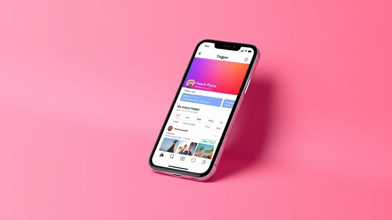 alt_text: Smartphone displaying Instagram profile with liked posts, colorful background, minimal design.
