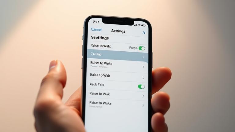 alt_text: iPhone displaying Settings with 'Raise to Wake' off, held by a hand against a sleek background.