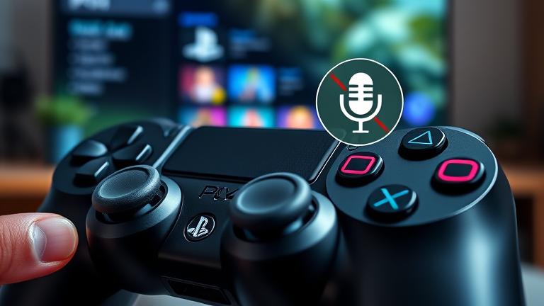 alt_text: Close-up of PS4 controller mic button glowing, showing unmute in a vibrant gaming setup.