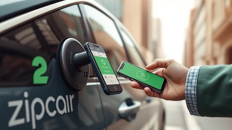 alt_text: Person unlocks Zipcar via smartphone in city, showcasing modern, convenient urban mobility.