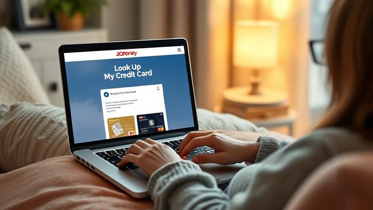alt_text: Person using laptop at home, viewing JCPenney’s app with "Look Up My Credit Card".