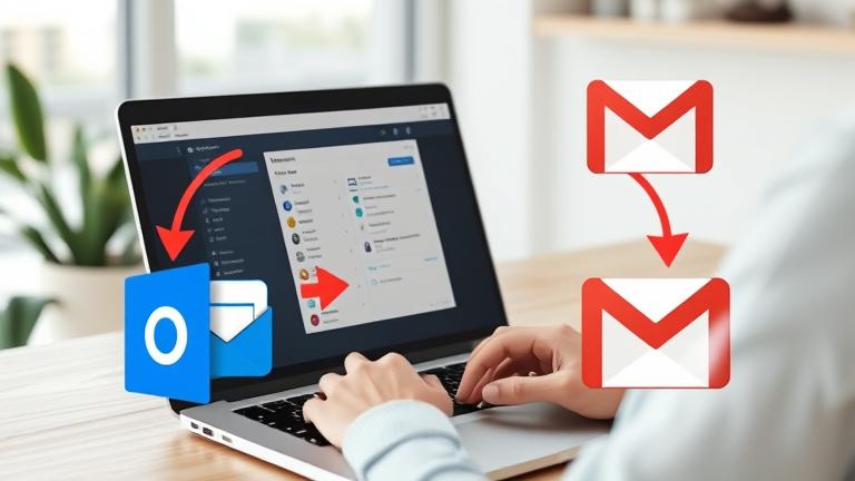 alt_text: Person transfers contacts from Outlook to Gmail on a laptop with visual icons and arrows.