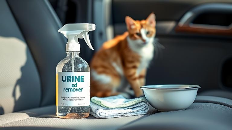 Car interior with cleaning supplies and a hint of a cat, showing stain removal tips.