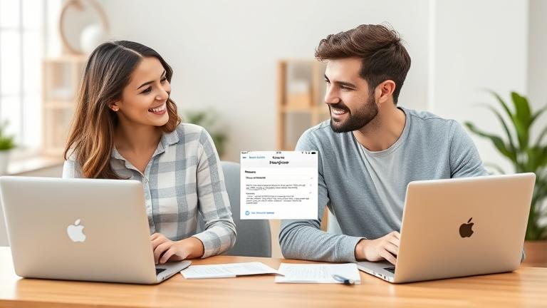 alt_text: Two people discuss Apple account separation at a desk with devices in a modern setting.