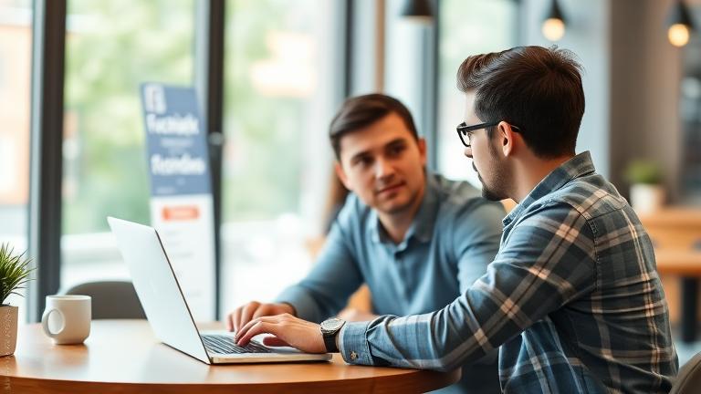 alt_text: Two people collaborate over a laptop with Facebook event management options in a cozy workspace.