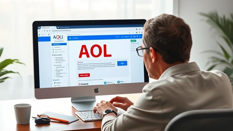 alt_text: Person at a laptop viewing AOL email recovery options in a modern, professional setting.