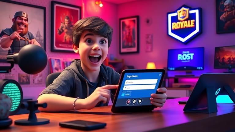 alt_text: Excited gamer sets up Clash Royale on tablet in a cozy, vibrant gaming space.