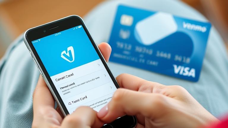 alt_text: Person uses Venmo app to deactivate card; background shows Venmo card and cancel option.