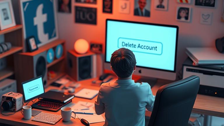 alt_text: Person at desk deletes Tumblr account, with icons, fading logo, and reflective mood.