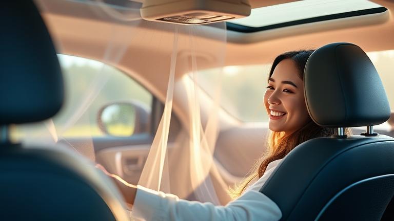 alt_text: Modern car interior with person using mosquito net or trap, enjoying a bug-free ride.