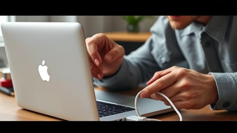 alt_text: Frustrated user inspecting MacBook charging port in a workspace with tools and guides.