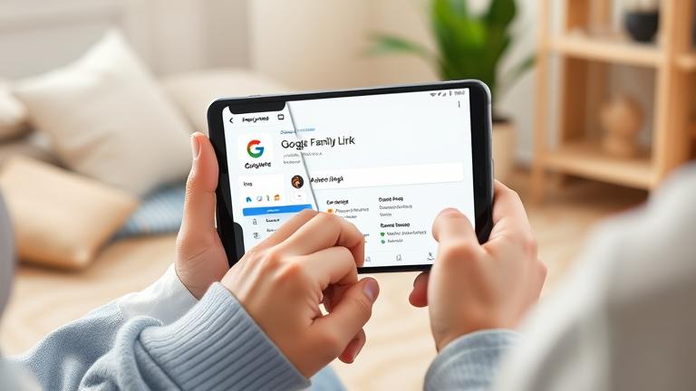 alt_text: Parent using Family Link app on device with kid’s device nearby in a safe, cozy home.