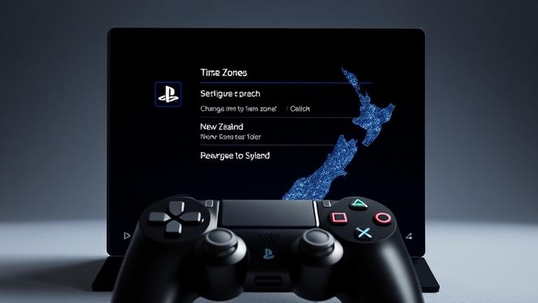 alt_text: PS4 menu open with New Zealand map, showing time zone settings; controller included.