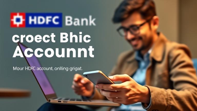 alt_text: Confident person using device to manage HDFC account online with digital banking icons.