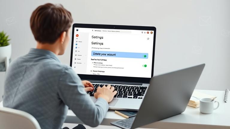 alt_text: Person at desk using laptop to delete Gmail, with settings page and digital icons.