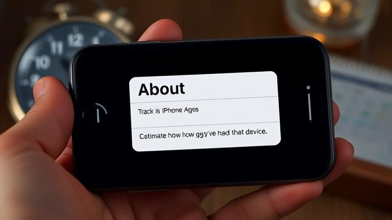 alt_text: Close-up of iPhone "About" screen with hand, background hints at device usage duration.