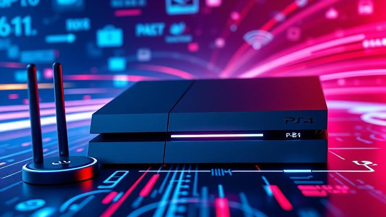 alt_text: PS4 console with download bar, speed lines, Wi-Fi icons, symbolizing fast downloads and tech efficiency.