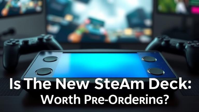 A sleek Steam Deck with a vibrant display, gaming elements in the background, highlighting its appeal.