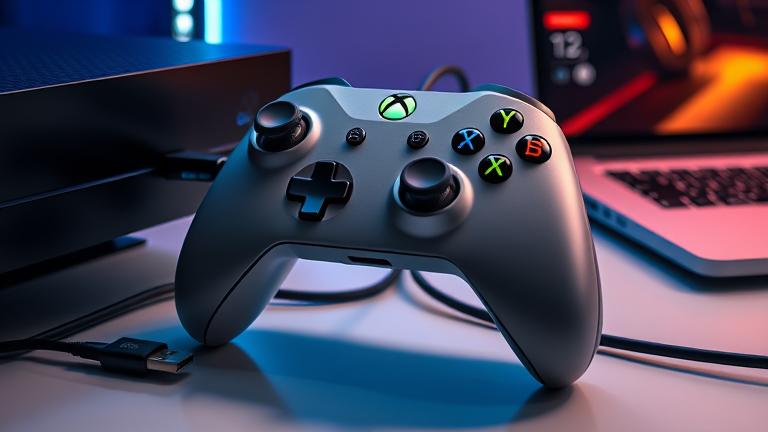 alt_text: Xbox controller connected via USB to PC, showing wired setup without batteries.