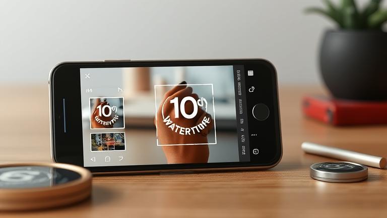 alt_text: Smartphone editing an Instagram photo with a watermark overlay in a creative workspace.